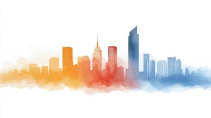Poster - Colorful watercolor city skyline with silhouette of buildings and iconic skyscrapers against a white background