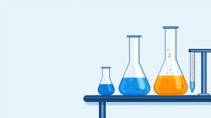 Poster - Colorful Laboratory Glassware with Blue and Orange Liquids on a Clean Table Surface in a Science Experiment Setting