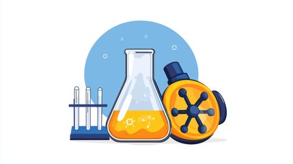 Poster - Colorful Laboratory Equipment with Flask, Test Tubes, and Clock Illustrations for Science and Education Themes