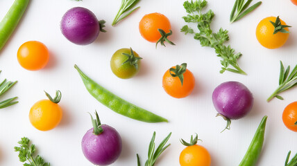  Colorful cherry tomato and green pea pod with fresh herb leaves on white background