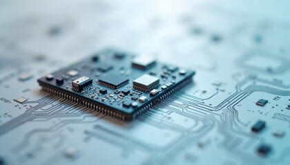 Poster - Close-up of semiconductor chip intricate details. Electronic components circuits on clean white background. Tech, engineering projects. Computer hardware, microchip. Innovation, high tech concept.