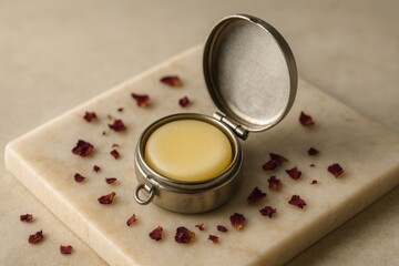 Poster - Solid perfume balm in metal locket tin with dried rose petals, natural handmade fragrance concept
