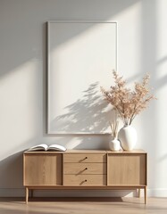 Poster - Modern home interior mockup with blank white frame on wall. Wooden cupboard with vases books. Sunlight creates shadows. Minimalist design concept perfect for art display.