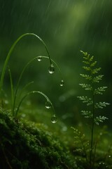 Poster - Raindrops on green mossy ground under dark sky.