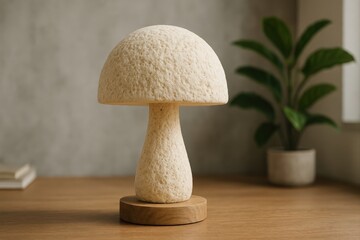 Poster - Textured mushroom-shaped lamp on wooden table, cozy modern interior decor
