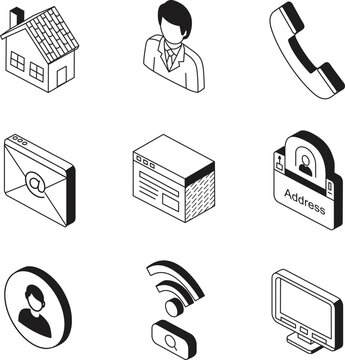 Isometric icons representing contact information and online presence in black and white style