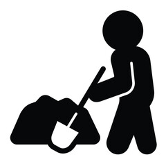 Poster - Man with shovel and asphalt pile solid icon, making road concept. Vector graphics. Builder laying asphalt, construction sign on white background, style mobile or design.
