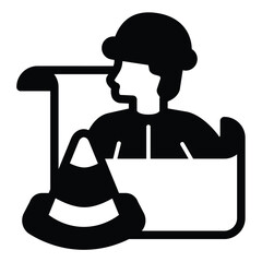Poster - Engineer with projects and traffic cone solid icon, making road concept. Vector graphics. Builder man with project plan sign on white background, style mobile or design.