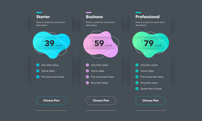 Poster - Pricing table design with three colorful subscription plans - dark version. Flat infographic design template for website or presentation.