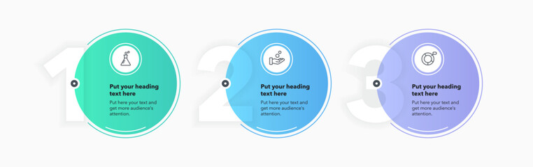 Poster - Infographic label design template with three options or steps. Flat circular process diagram with numbers and icons for workflow layout, presentation or web design.