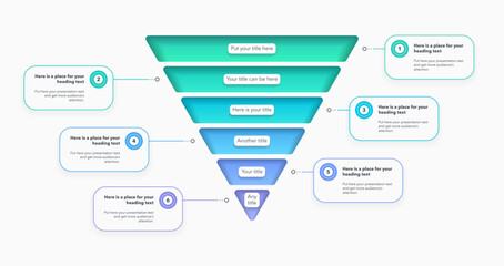 Poster - Modern funnel chart template with 6 colorful sections. Creative diagram divided into six parts with numbers and place for your content.