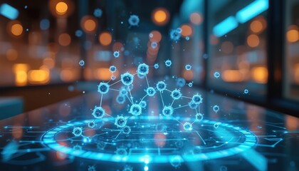 Poster - illustration of researchers visualizing new chemical compound synthesis via advanced holographic tec