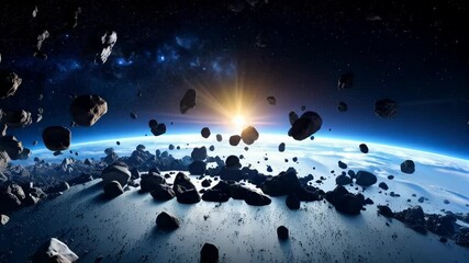 Wall Mural - Dramatic space scene featuring numerous asteroids orbiting a bright blue planet with a distant sun, depicting cosmic scale and celestial bodies in motion.