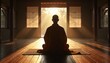 © Vadym - Buddhist monk practices Zazen meditation in peaceful place. Sunlight shines through wooden window, creating serene atmosphere. Practice of mindfulness, promoting inner peace, spiritual growth in