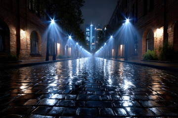 Poster - Evening street lit by blue lights with reflections creating an urban atmosphere at night