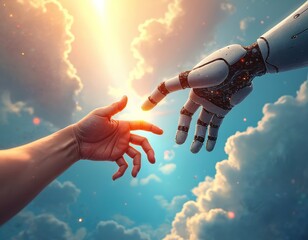 Poster - Illustration showing human hand reaching out to robot hand. Connection between AI, human, technology. Concept teamwork, collaboration, innovation, future. Artificial intelligence, digital world, tech.