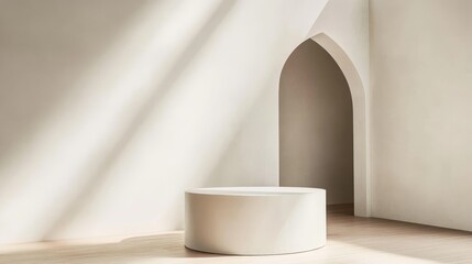 Poster - Minimalist Interior Design Featuring Cylindrical Pedestal and Arched Doorway with Soft Lighting
