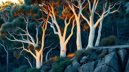 Wall Mural - Tall, elegant trees with pale trunks stand against a backdrop of lush greenery and rocky terrain, bathed in soft, warm light. The scene captures a serene moment in nature,
