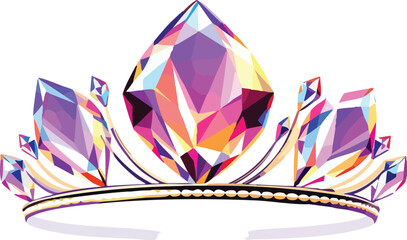 Poster - Colorful geometric tiara with sparkling gemstones and golden accents on white background.