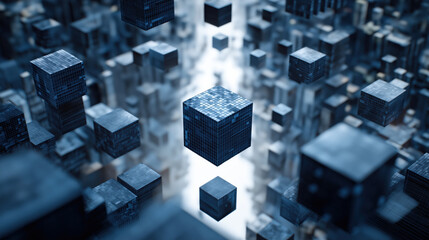 Poster - Futuristic cityscape with floating digital cubes, representing blockchain technology and decentralized finance concepts. scene is abstract and technological