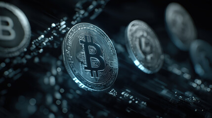 Poster - Digital coins with Bitcoin symbols are depicted in futuristic setting, highlighting concept of cryptocurrency and blockchain technology. image conveys sense of innovation and modern finance