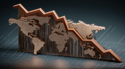 Poster - 3D illustration of declining graph overlaid on world map symbolizes global economic downturn and recession fears. image highlights concerns about interest rates and financial instability