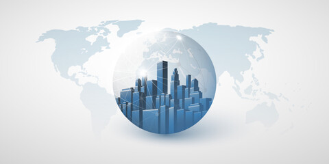 Poster - A conceptual illustration of global urbanization, technology, featuring a stylized city skyline within a transparent globe, set against a world map background, symbolizing connected urban development.