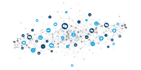 Poster - A conceptual vector graphic illustrating a complex network of interconnected nodes and diverse icons, representing the Internet of Things (IoT), global communication, or smart technology.