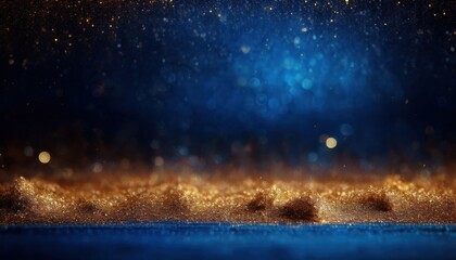 Poster - sparkling blue and gold glitter particles in abstract bokeh background with shimmering light and depth for elegant banner, branding, or luxury web design

