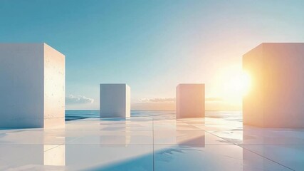 Poster - Minimalist white cube geometric shape modern architecture with serene ocean sunrise reflection and tranquil blue sky horizon