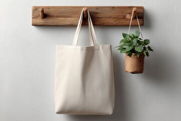 Poster - Blank Canvas Tote Bag Hanging on Rustic Wooden Rack Next to Potted Plant, Showcasing Eco-Friendly Choices and Sustainable Lifestyle : Generative AI
