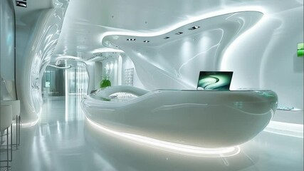 Fototapete - Futuristic modern white glossy reception desk office interior with curved shapes, ambient lighting, clean minimal technology