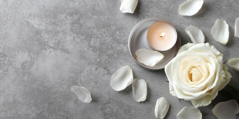 Aufkleber - Burning Candle and White Rose on Gray Surface, Representing Serenity and Remembrance for Wellness and Self-Care Products, and Special Occasions : Generative AI