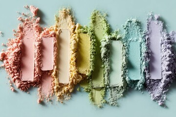 Poster - Pastel Colored Eye Shadow Palette Swatches on Light Blue Background, Representing Beauty Products and Cosmetic Industry Trends : Generative AI