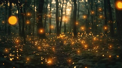 Poster - Magical forest path at dusk illuminated by glowing fireflies, lush green trees, and enchanting dreamy atmosphere