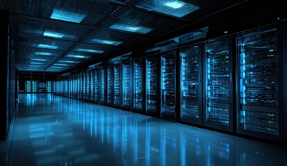 Poster - Server Room With Rows of Data Racks and Blue Lights, Illustrating High-Tech Infrastructure and Digital Transformation for Business : Generative AI