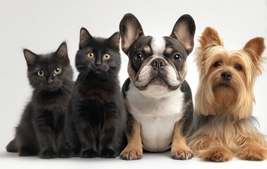 Poster - Group of Cats and Dogs Posing Together on White Background, Representing Friendship and Pet Adoption, Perfect for Animal Welfare Campaigns : Generative AI