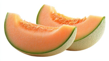 Poster - Two Slices of Cantaloupe Melon on White Background, Representing Healthy Eating and Summer Refreshment for Food Bloggers and Recipe Developers : Generative AI