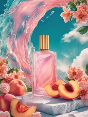 Aufkleber - Elegant Perfume Bottle Surrounded By Peaches and Flowers With Water Splash, Showcasing Beauty and Sensory Experience for Advertising and Branding : Generative AI