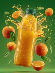 Aufkleber - Orange Juice Bottle With Splash and Oranges, Representing Freshness and Healthy Lifestyle Advertising, Perfect for Beverage Marketing and Product Promotion : Generative AI