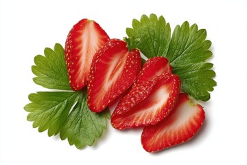 Poster - Sliced Strawberries With Green Leaves on White Background, Showcasing Freshness and Healthy Eating for Food Bloggers and Culinary Businesses : Generative AI