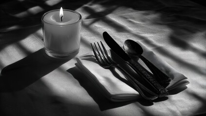 Poster - Elegant Table Setting With Candlelight and Silverware, Symbolizing Fine Dining and Romantic Celebration : Generative AI