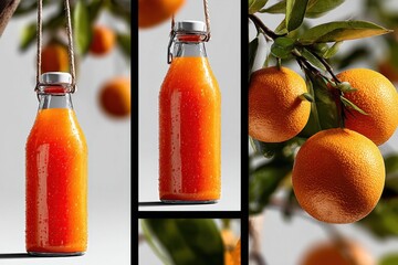 Aufkleber - Refreshing Orange Juice in Glass Bottles Hanging Near Citrus Fruits, Promoting Healthy Lifestyle and Nutritional Wellness : Generative AI