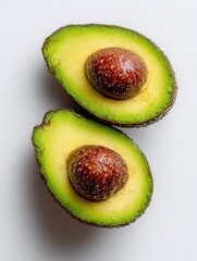 Poster - Two Halved Avocados With Pits on White Background, Showcasing Healthy Eating and Culinary Ingredient : Generative AI