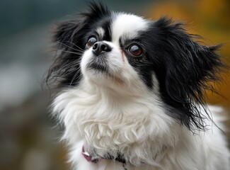 Poster - Japanese Chin Dog Looking Upward With Curious Expression, Representing Pet Ownership and Animal Companionship : Generative AI