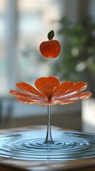 Poster - An orange  suspended above a flower, reflected in rippling water.