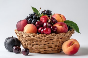 Poster - Wicker Basket Overflowing With Fresh Summer Fruits, Representing Healthy Eating and Seasonal Abundance, Perfect for Food Bloggers and Nutrition Campaigns : Generative AI