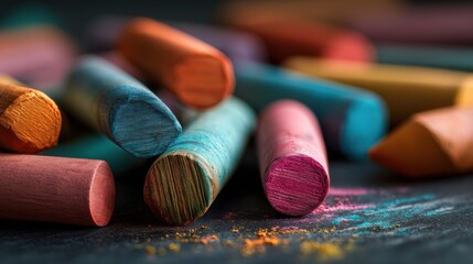 Poster - Close-Up of Colorful Chalk Sticks on Dark Surface, Showcasing Artistic Expression and Creative Inspiration for Back-to-School Promotions : Generative AI