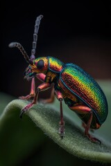 Poster - Iridescent Beetle Crawling on Leaf in Macro View, Showcasing Insect Diversity and Environmental Awareness : Generative AI