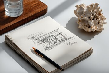 Poster - Architectural Sketch of Modern House on Notebook With Coral and Water, Showcasing Creative Design and Sustainable Living Concepts for Real Estate Marketing : Generative AI